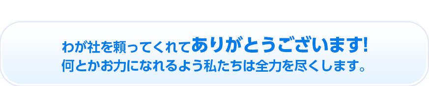 わが社を頼ってくれてありがとうございます！何とかお力になれるよう私たちは全力を尽くします。